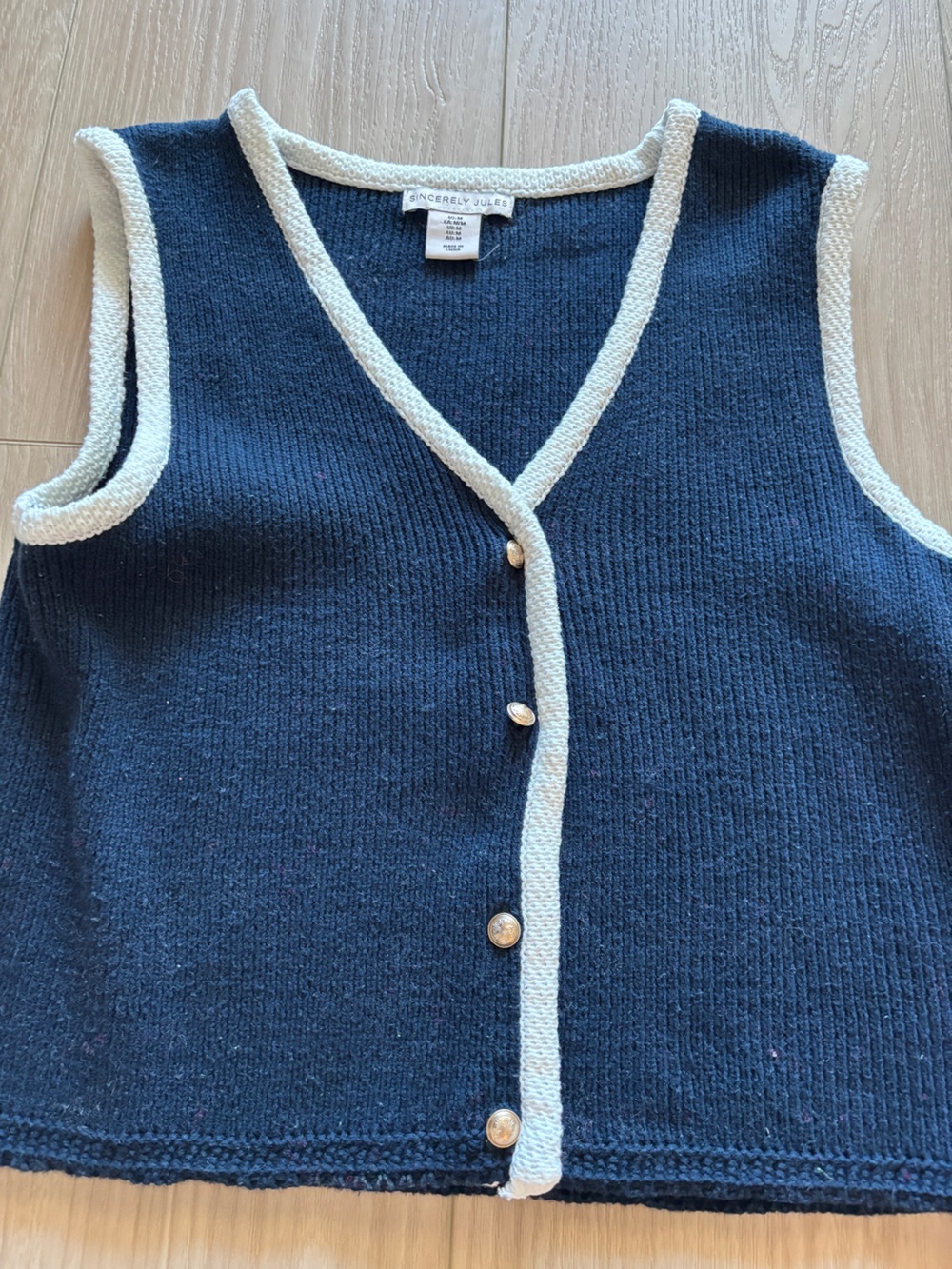 Sincerly Jules Navy Vest with Cream Trim and Gold Buttons